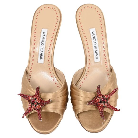 Manolo Blahnik Embellished Slide Sandal Heels in Brown Satin - Picture 5 of 9